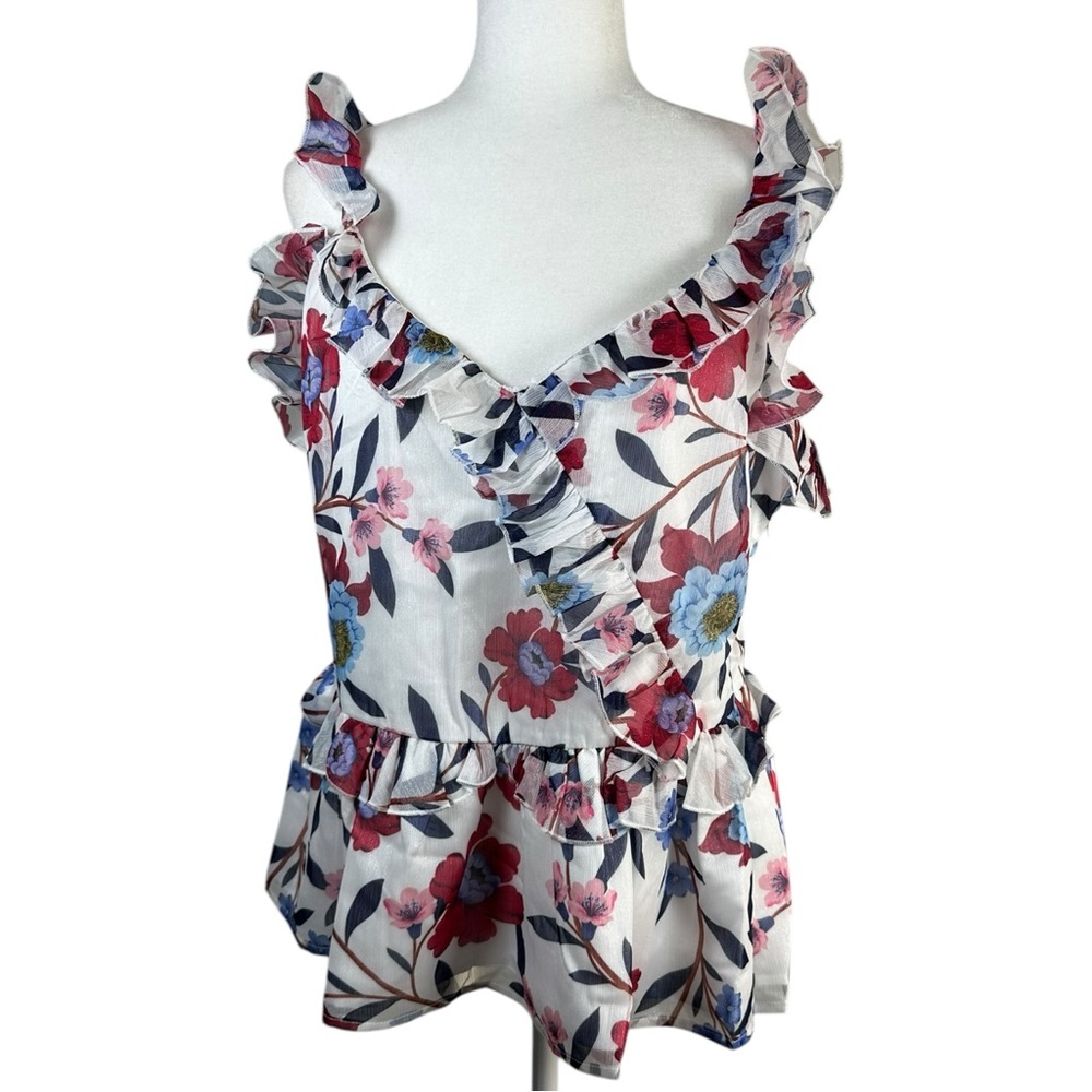 French Connection Floral Ruffle Camisole in White, Red, Blue